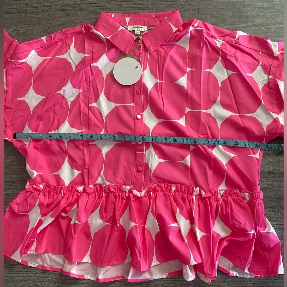 Umgee Pink and White Geometric Peplum Button Front Top - Picture 7 of 10